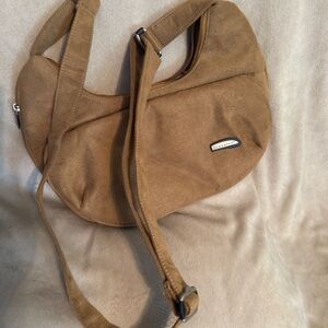 Travelon Suede Crescent Shoulder Bag in Camel